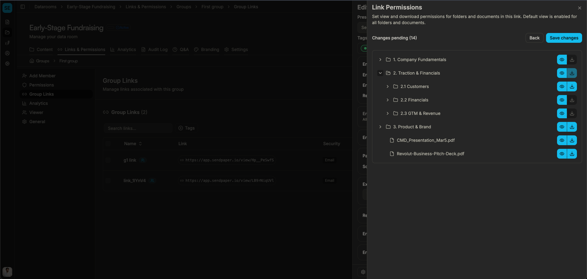 Link- und Berechtigungseinstellungen für eine Data-Room-Gruppe in Sendpaper