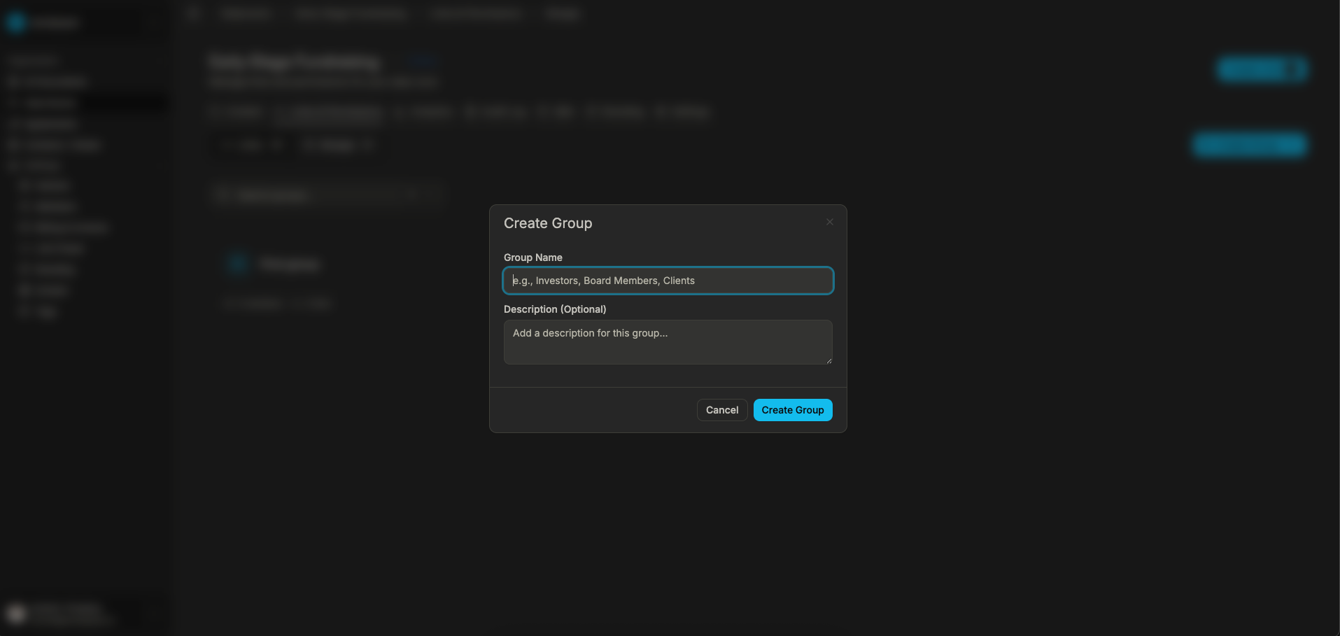 Create data room group dialog in Sendpaper