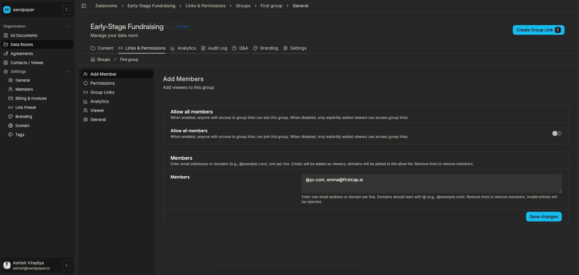 Add members to a data room group in Sendpaper