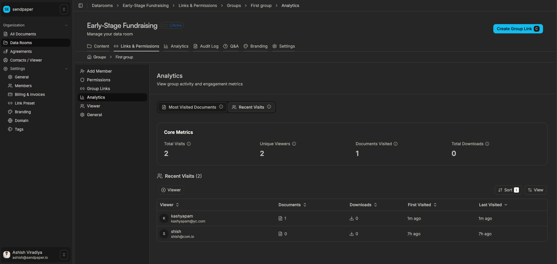 Recent visits tab for a data room group in Sendpaper