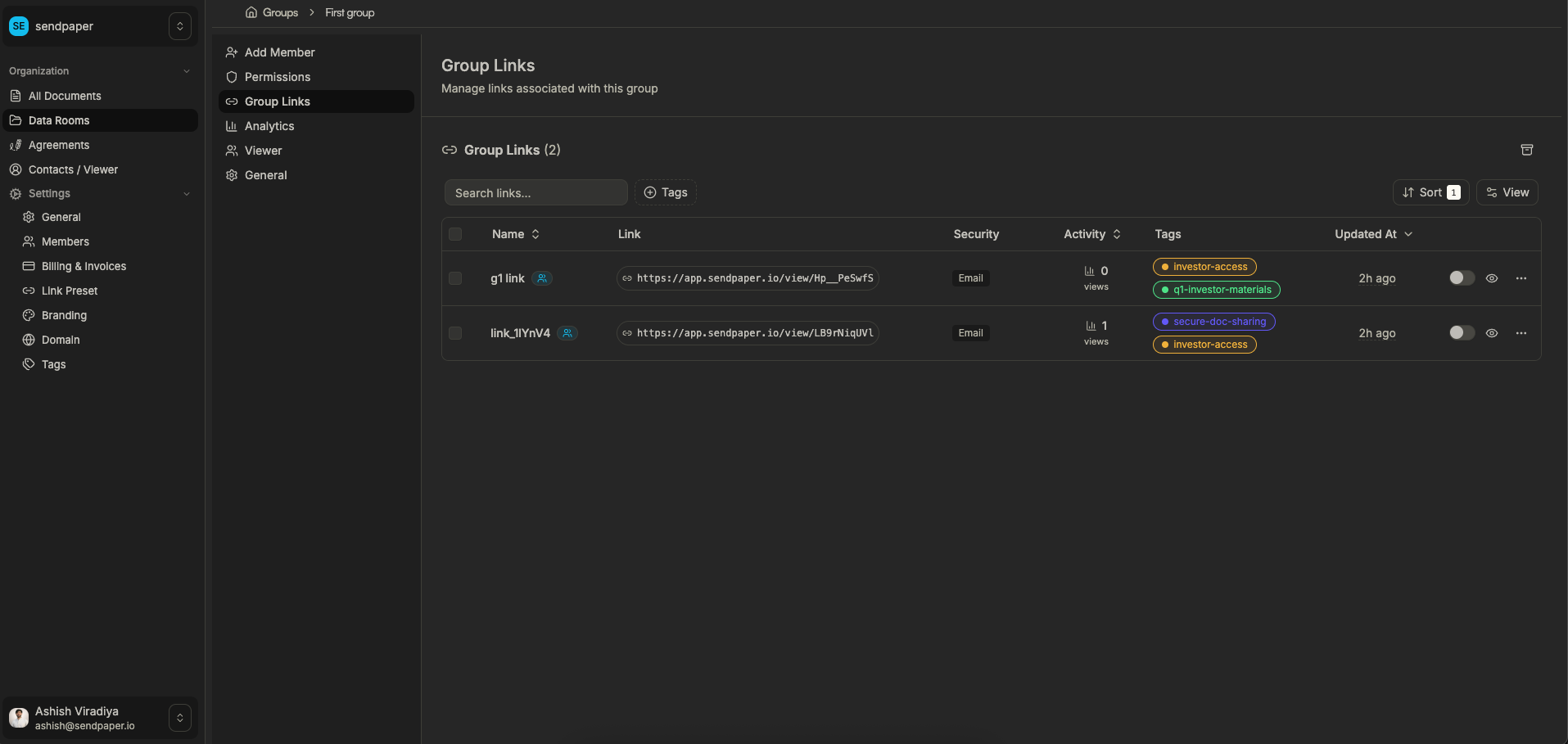 Sendpaper data room groups overview with group links