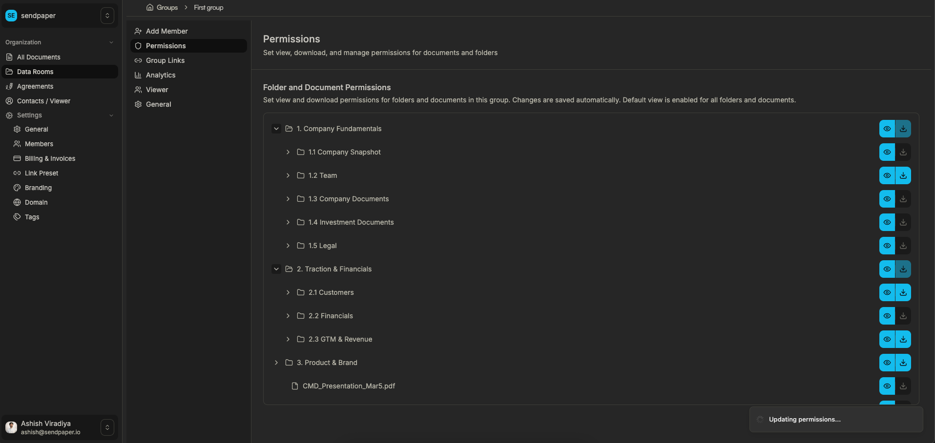 Group permissions tab in Sendpaper data room