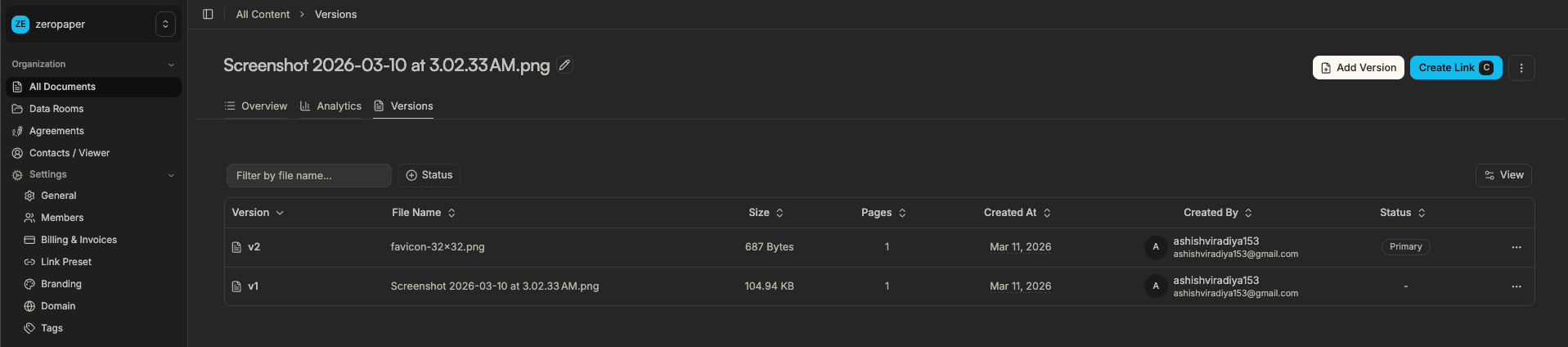 Sendpaper documents list showing uploaded files with version and status