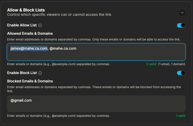 Allow list and block list for email and domain