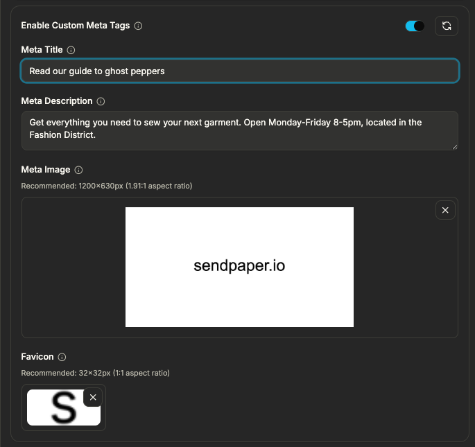 Custom meta tags when creating or editing a link