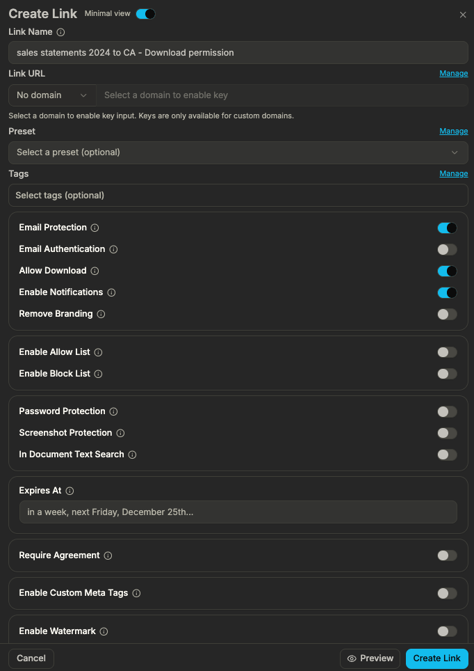 Link settings with Password Protection and security options