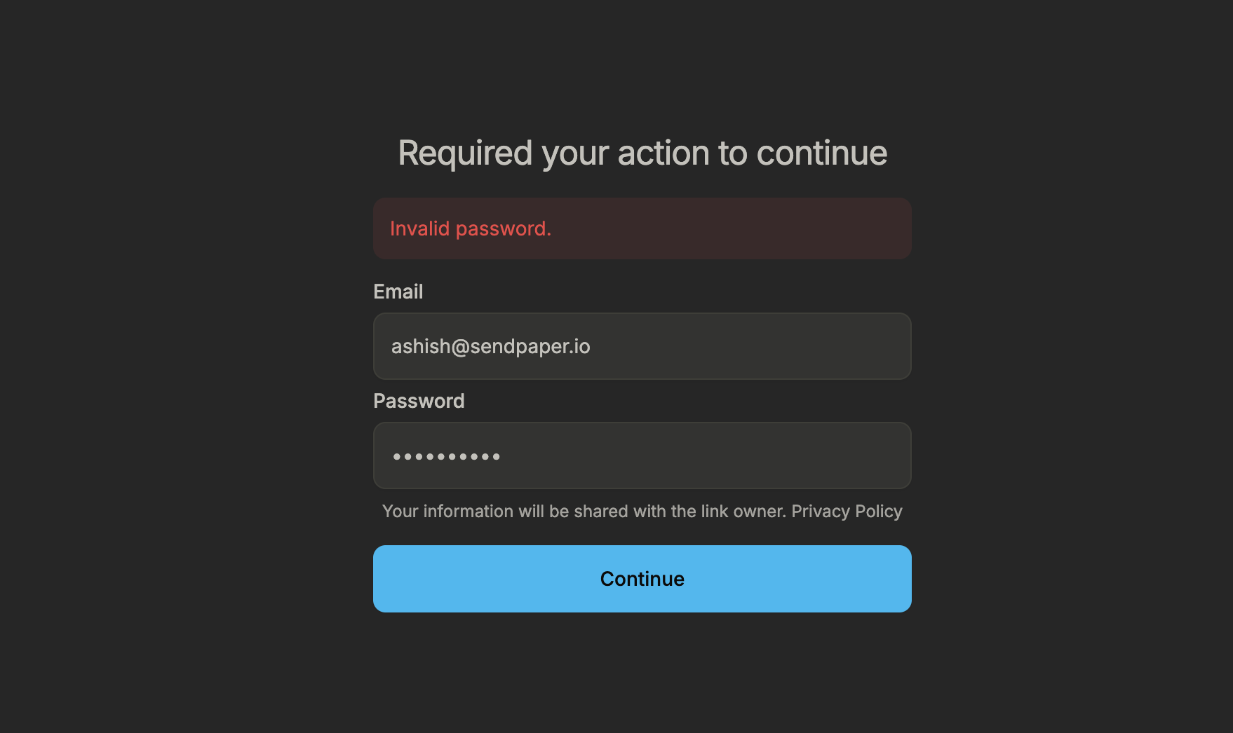 Invalid password auth page