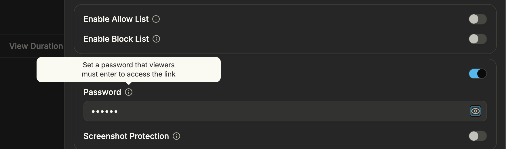 Link password protection in the Security section