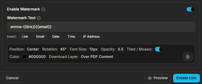 Watermarking options when creating or editing a document link