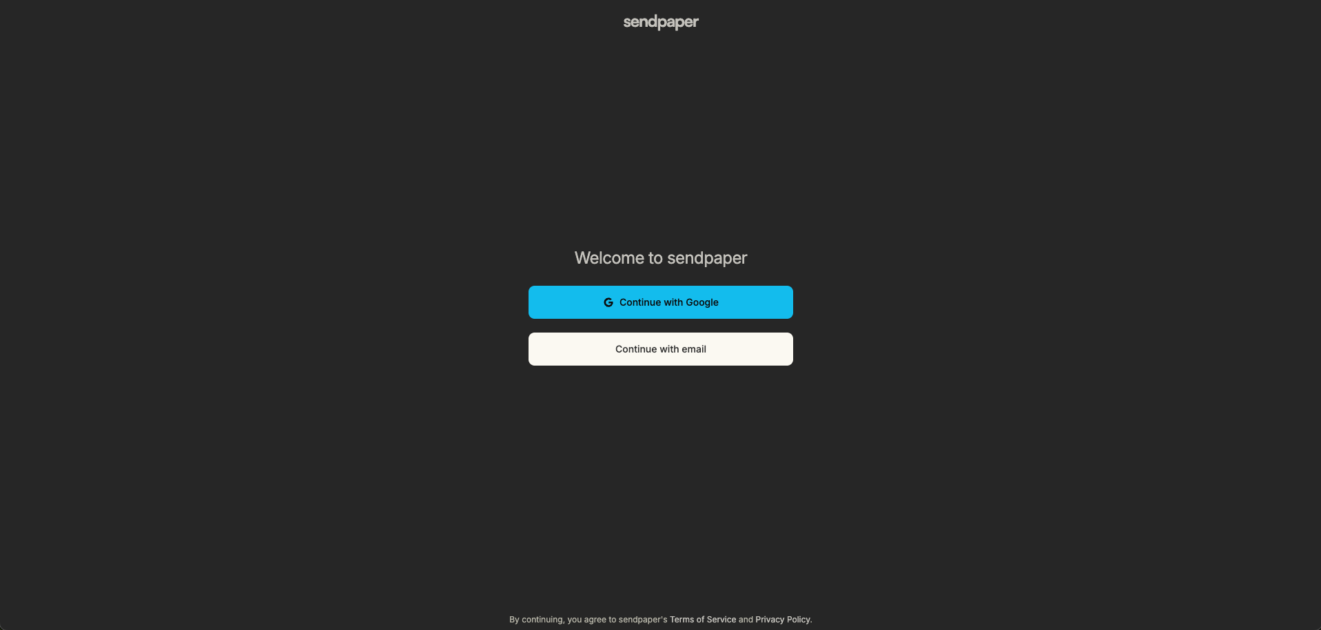 Sendpaper sign-in page: Google and email options