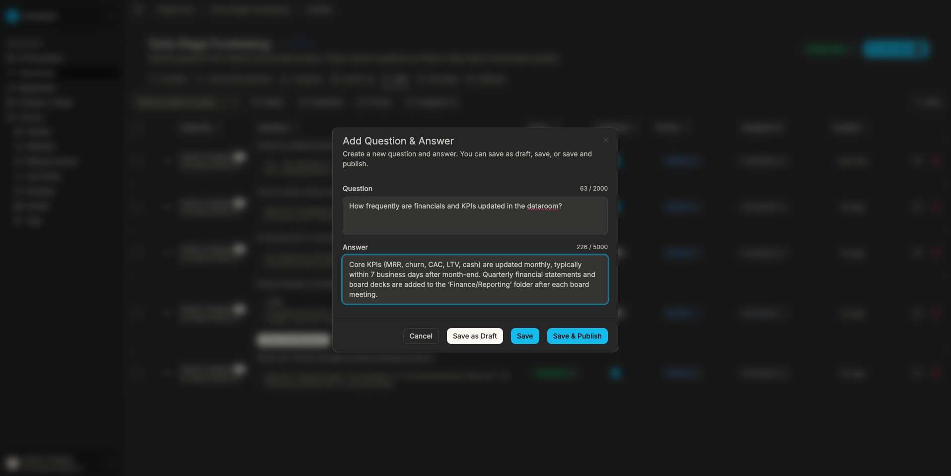 Add question and answer dialog in Sendpaper data room Q&A