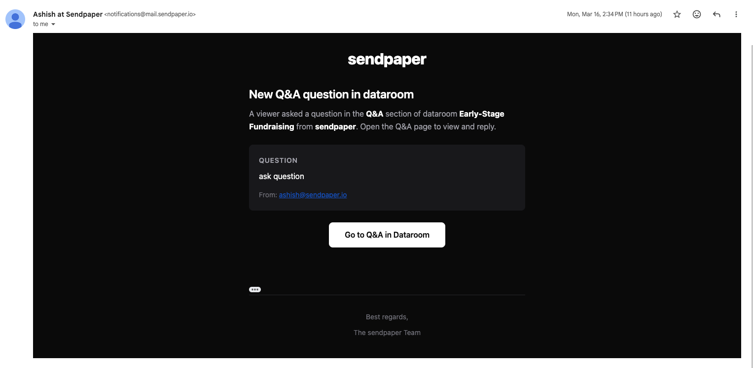 Email notification when a data room Q&A answer is published to the asker