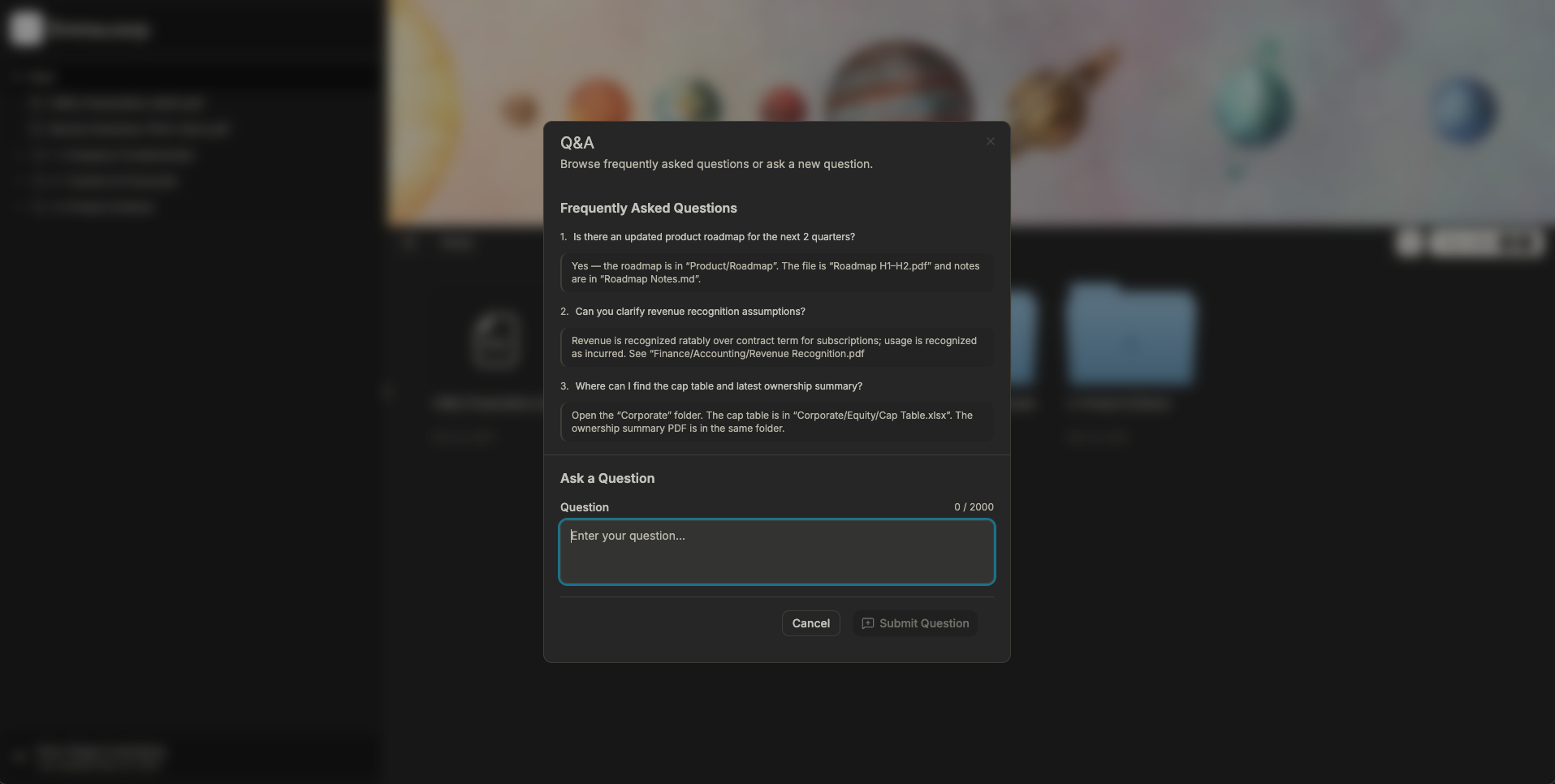 Viewer Q&A dialog: FAQs at top, Ask a Question form below