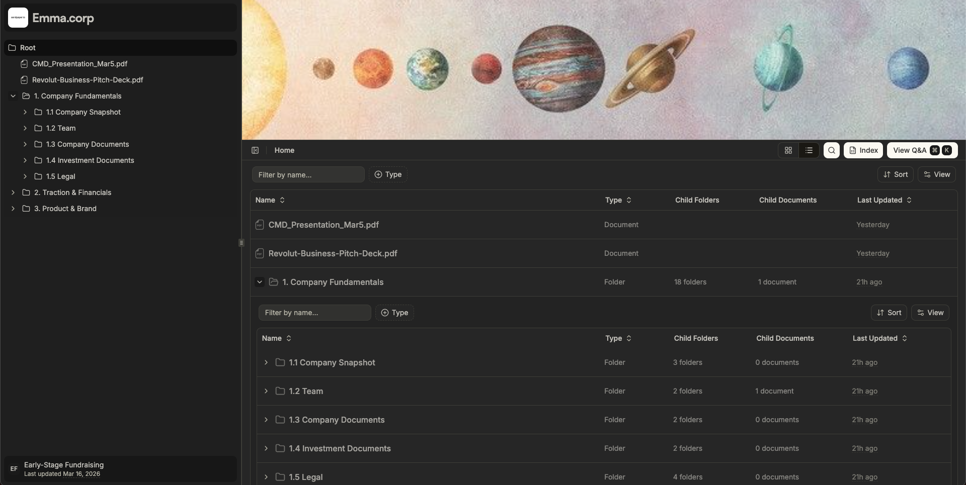 Sendpaper data room table view