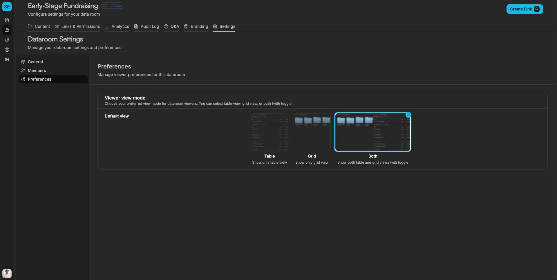 Set data room view preference